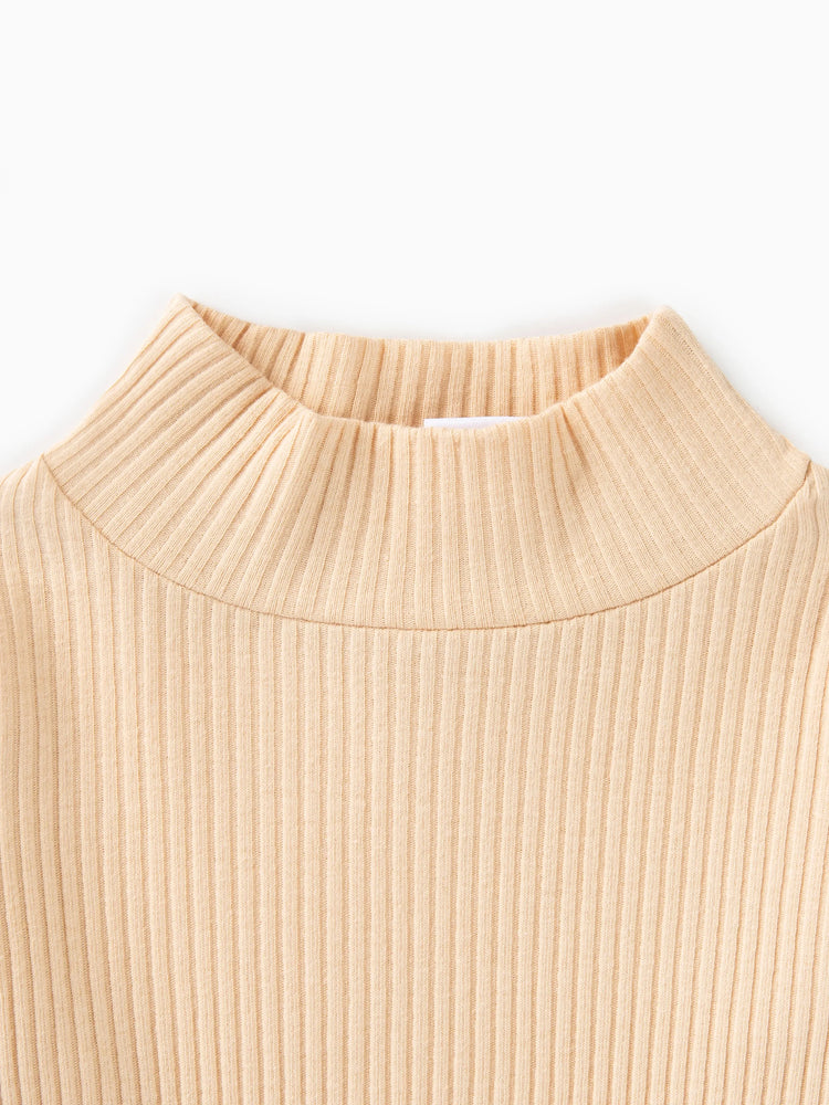 Baby Boy/Girl 95% Cotton Ribbed Turtleneck Long-sleeve Romper Apricot