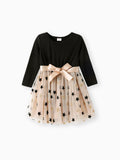 Toddler Girl Stars Glitter Design Mesh Splice Belted Long-sleeve Dress Black