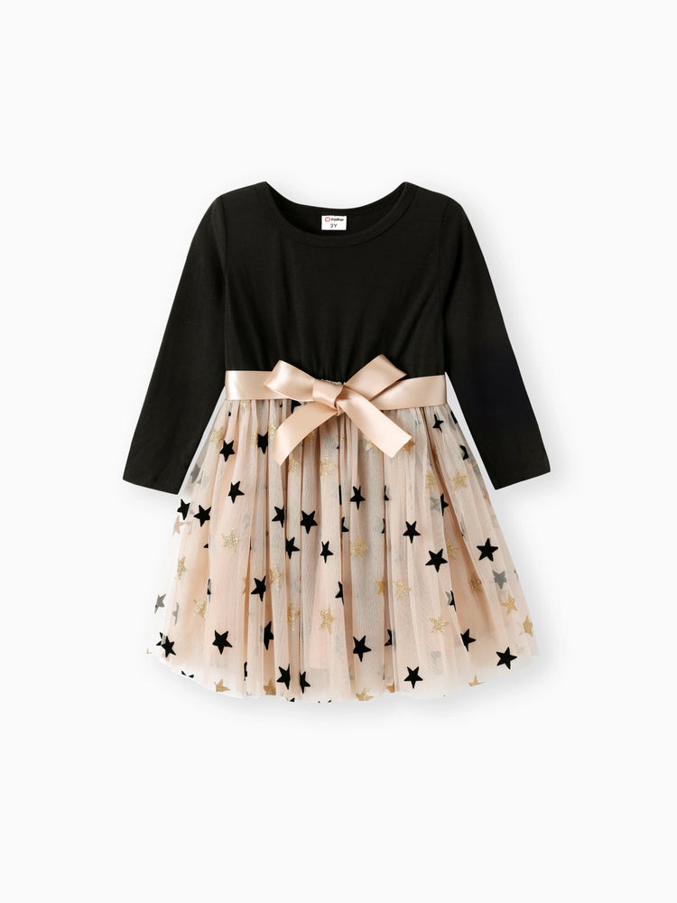 Toddler Girl Stars Glitter Design Mesh Splice Belted Long-sleeve Dress Black