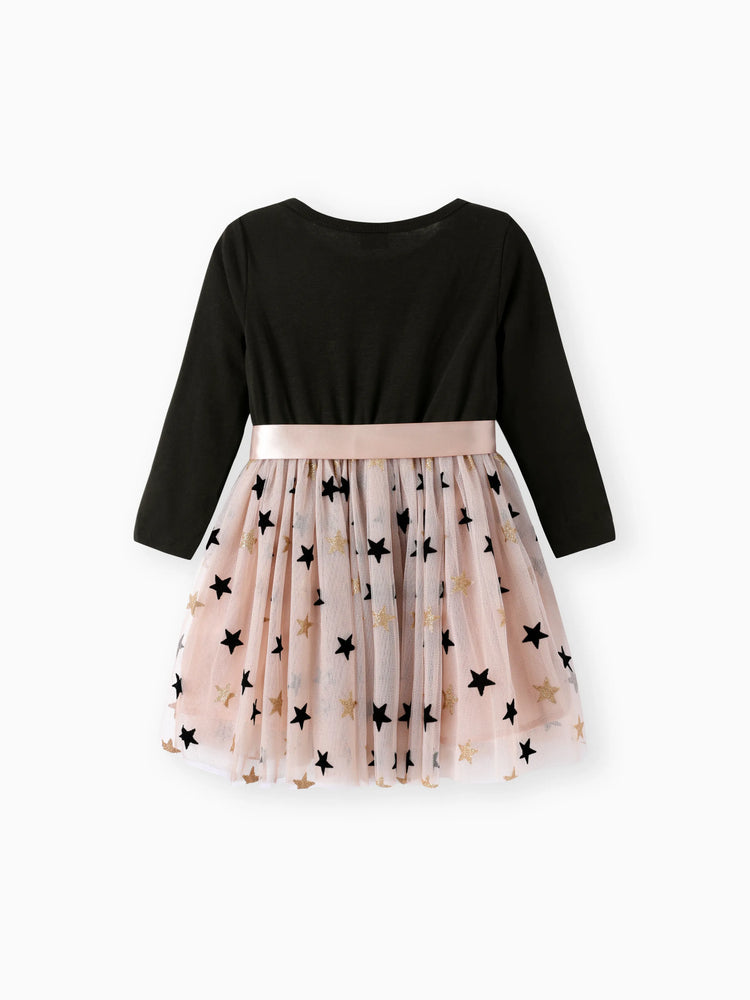 Toddler Girl Stars Glitter Design Mesh Splice Belted Long-sleeve Dress Black