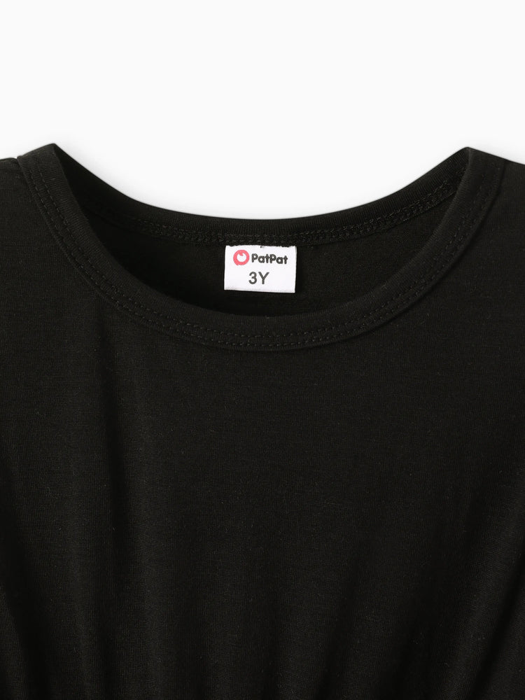 Toddler Girl Stars Glitter Design Mesh Splice Belted Long-sleeve Dress Black