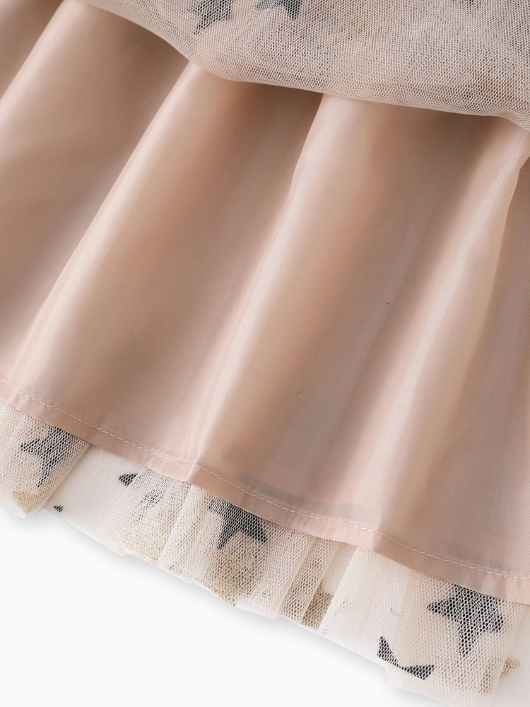 Toddler Girl Stars Glitter Design Mesh Splice Belted Long-sleeve Dress Black