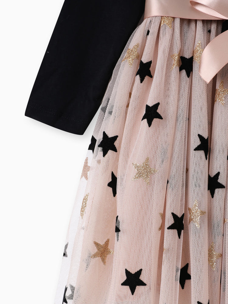 Toddler Girl Stars Glitter Design Mesh Splice Belted Long-sleeve Dress Black