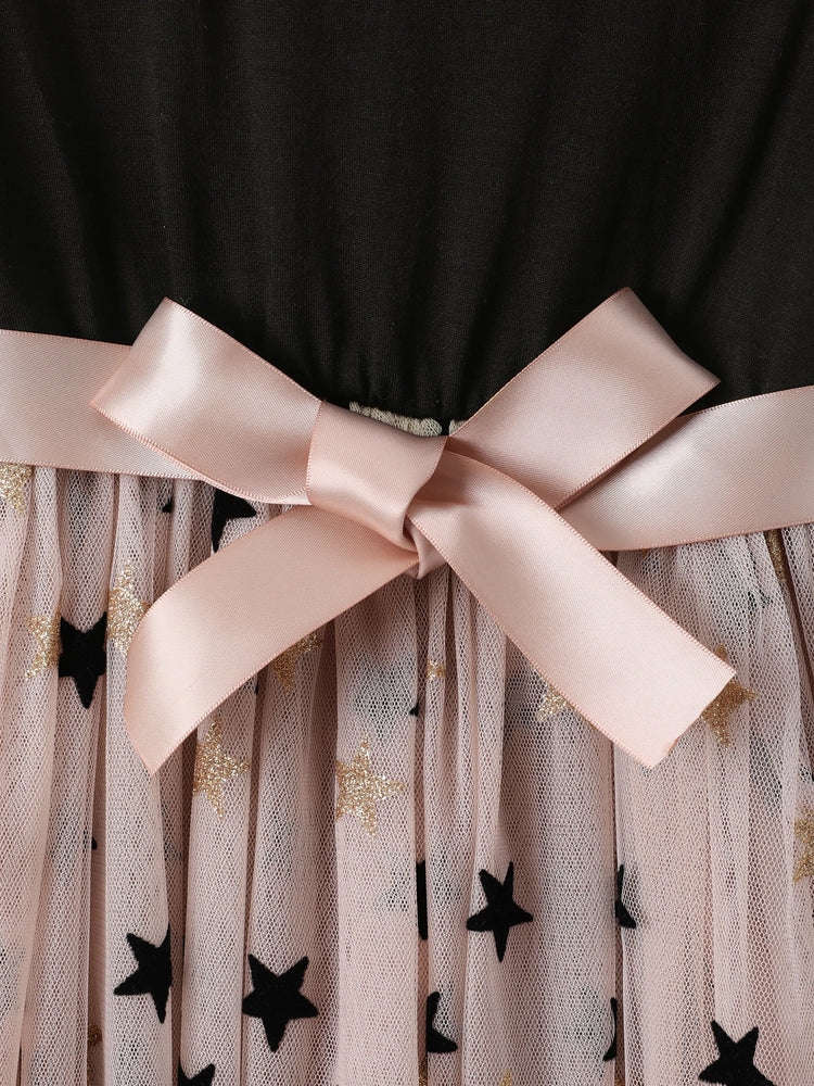 Toddler Girl Stars Glitter Design Mesh Splice Belted Long-sleeve Dress Black