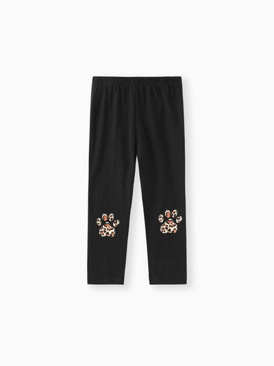 Conjunto de 2 piezas de sudadera con estampado de gato y pantalón con estampado de leopardo para niña pequeña, color gris