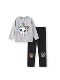Ensemble 2 pièces pour petite fille avec sweat-shirt imprimé chat et pantalon imprimé léopard, gris