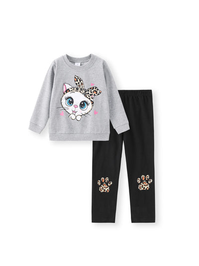 2-piece Toddler Girl Cat Print Pullover Sweatshirt and Leopard Print Pants Set Grey