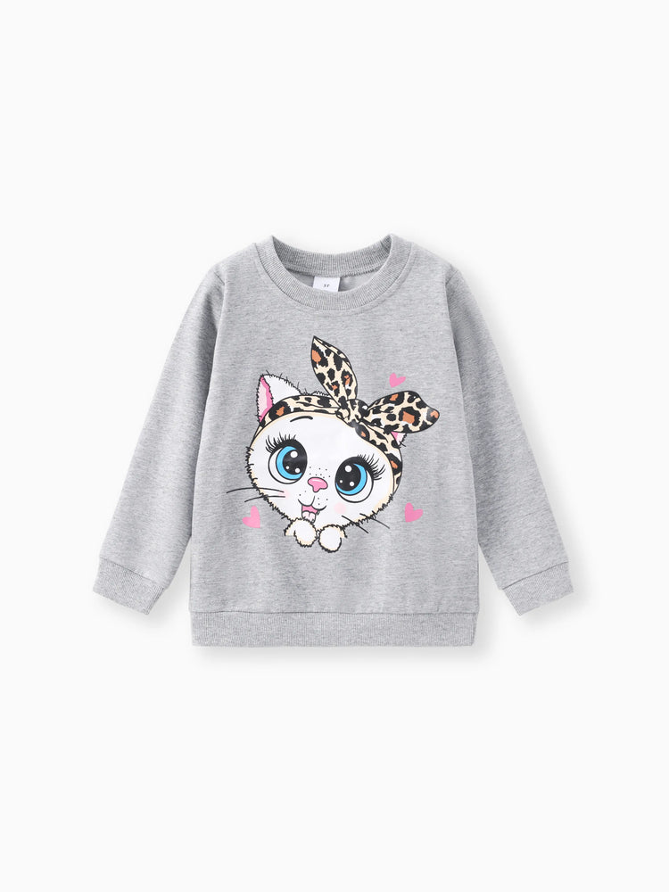Ensemble 2 pièces pour petite fille avec sweat-shirt imprimé chat et pantalon imprimé léopard, gris