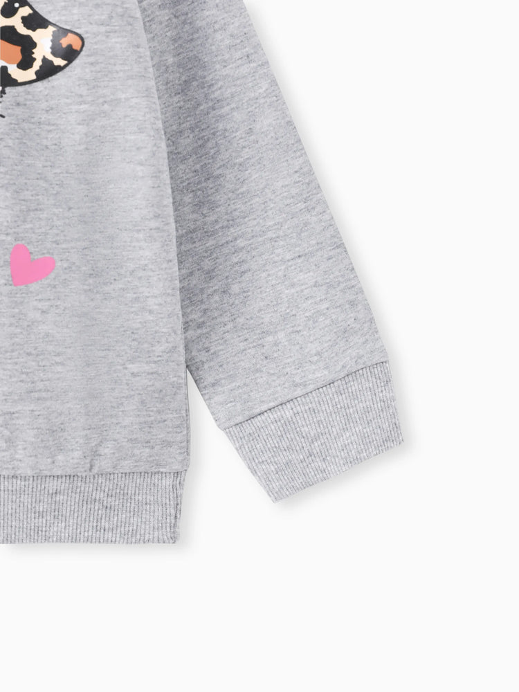Ensemble 2 pièces pour petite fille avec sweat-shirt imprimé chat et pantalon imprimé léopard, gris