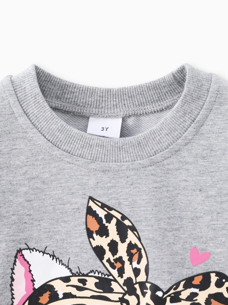Ensemble 2 pièces pour petite fille avec sweat-shirt imprimé chat et pantalon imprimé léopard, gris