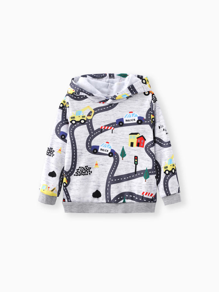 Sudadera con capucha y estampado de vehículos de carretera para niño pequeño, gris claro
