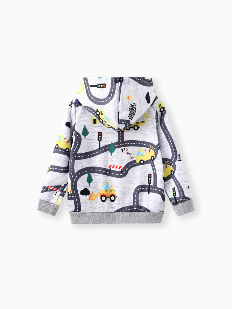 Sudadera con capucha y estampado de vehículos de carretera para niño pequeño, gris claro