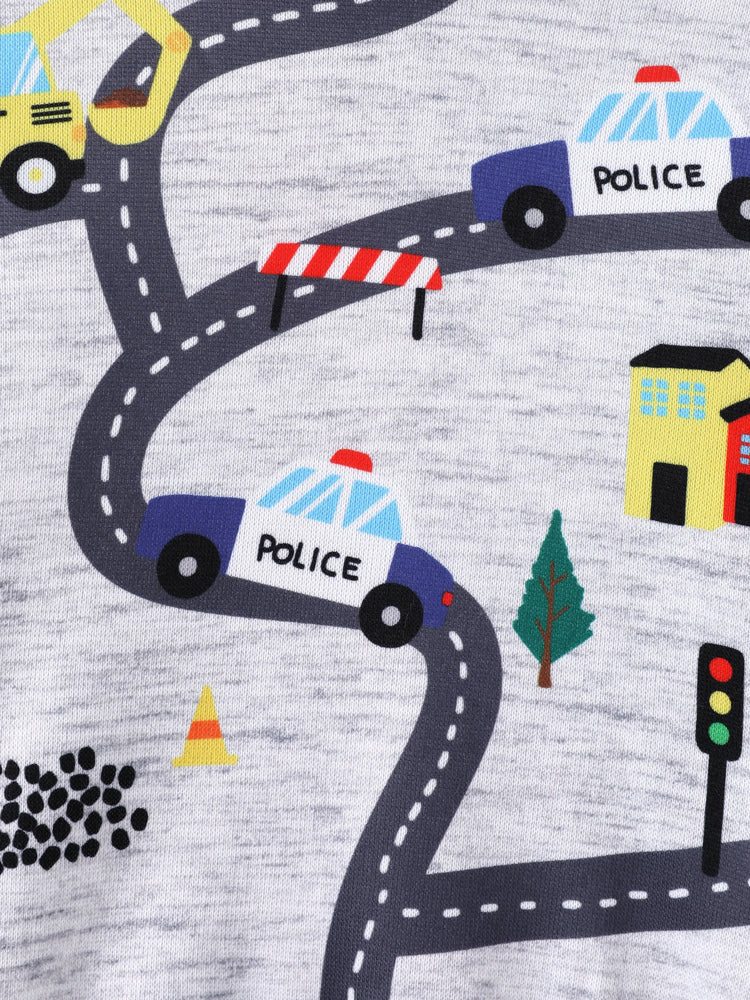 Sudadera con capucha y estampado de vehículos de carretera para niño pequeño, gris claro