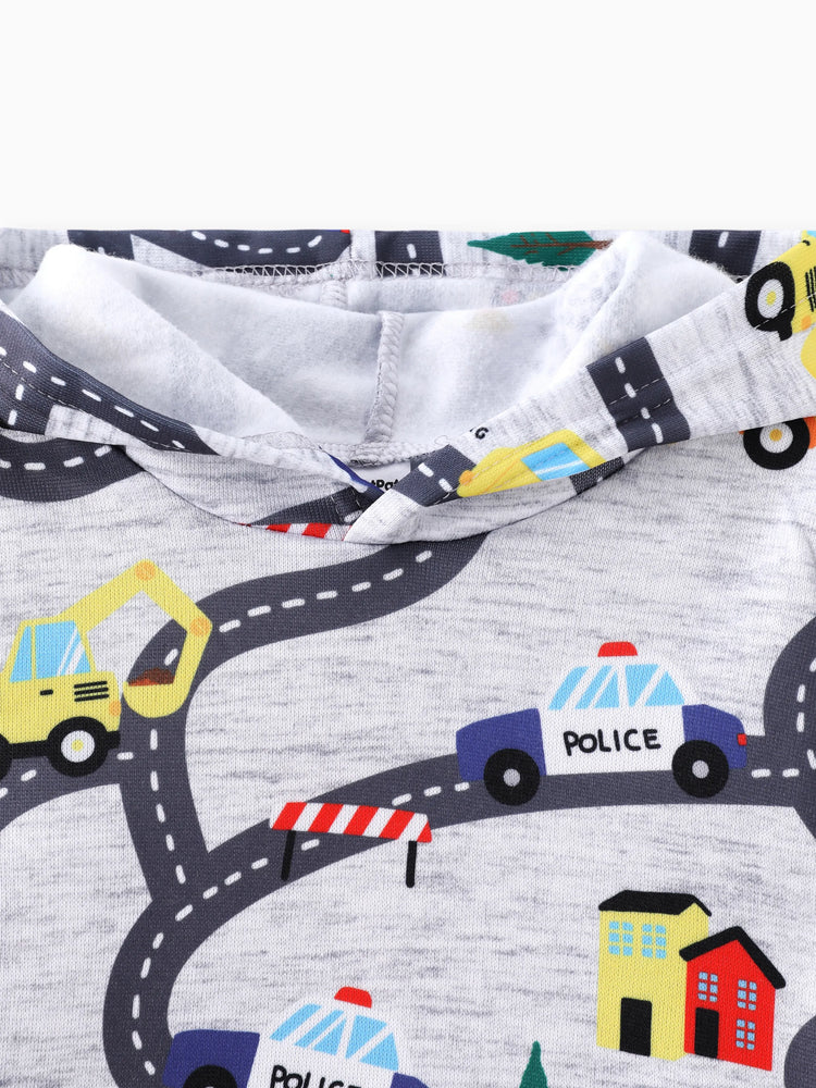 Sudadera con capucha y estampado de vehículos de carretera para niño pequeño, gris claro