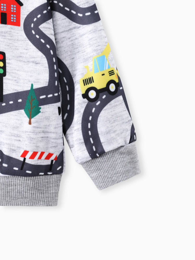 Sudadera con capucha y estampado de vehículos de carretera para niño pequeño, gris claro