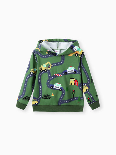 Toddler Boy Road Vehicle Print Hoodie Sweatshirt Dark Green