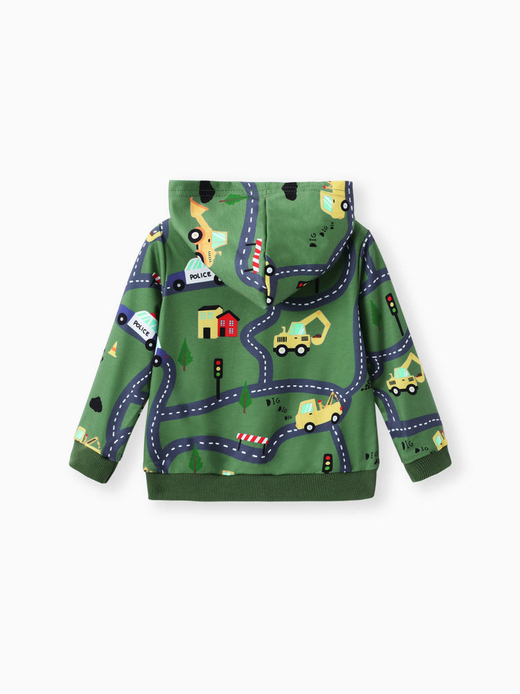Toddler Boy Road Vehicle Print Hoodie Sweatshirt Dark Green
