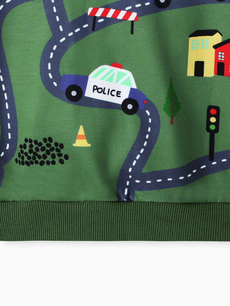Toddler Boy Road Vehicle Print Hoodie Sweatshirt Dark Green