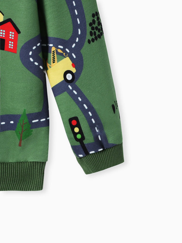 Toddler Boy Road Vehicle Print Hoodie Sweatshirt Dark Green