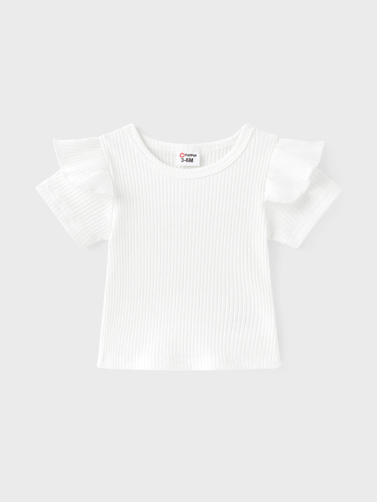 Ensemble 3 pièces pour bébé fille, 95 % coton côtelé, t-shirt à manches courtes à volants, jupe à nœud et bandeau, rose