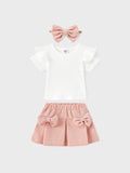 Ensemble 3 pièces pour bébé fille, 95 % coton côtelé, t-shirt à manches courtes à volants, jupe à nœud et bandeau, rose