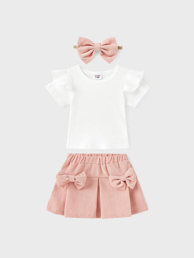 3pcs Baby Girl 95% Cotton Ribbed Ruffle Short-sleeve Tee and Bow Front Skirt & Headband Set Pink