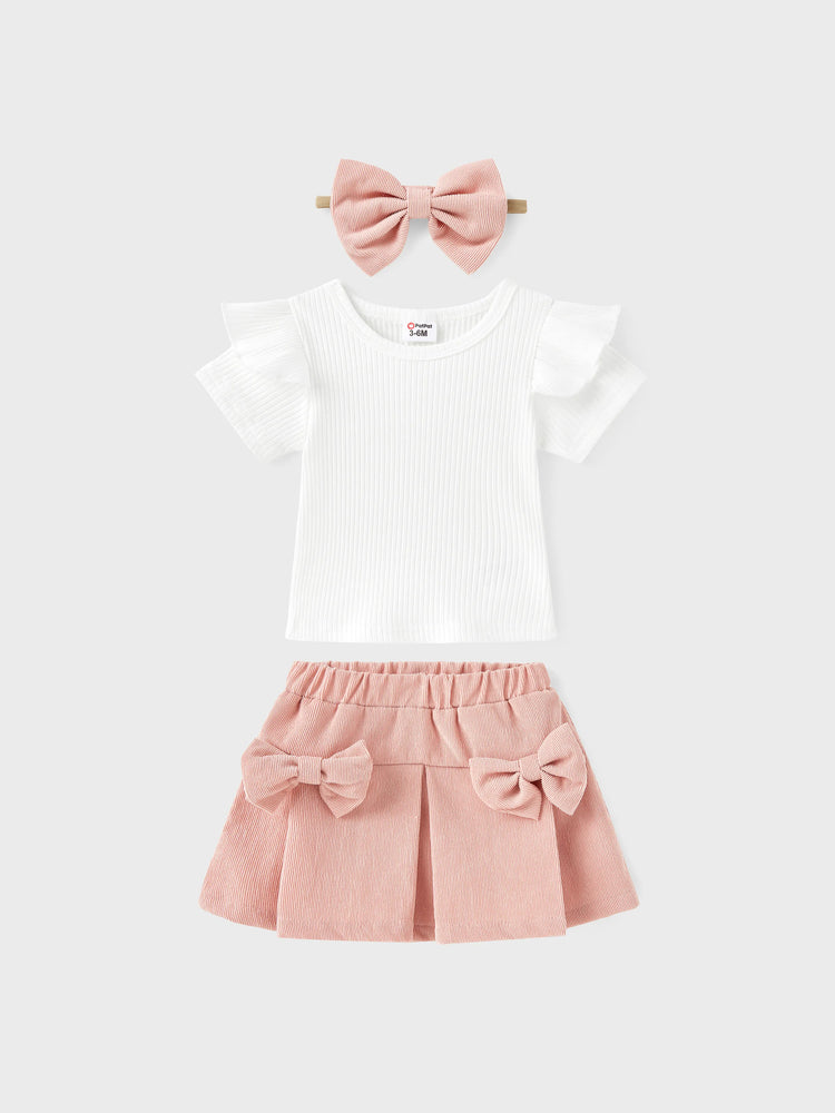 Ensemble 3 pièces pour bébé fille, 95 % coton côtelé, t-shirt à manches courtes à volants, jupe à nœud et bandeau, rose