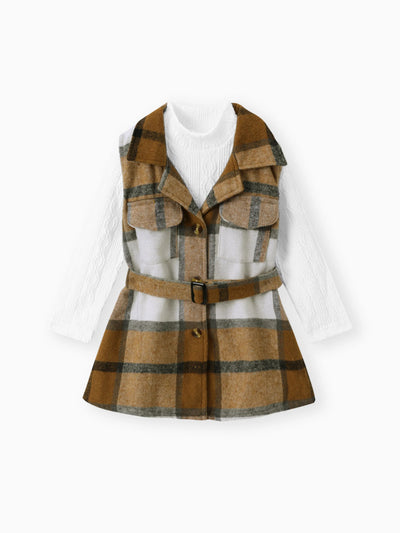 Ensemble 2 pièces pour petite fille : t-shirt texturé et manteau long à ceinture à imprimé écossais, marron