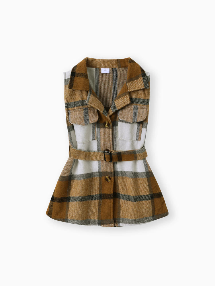 Ensemble 2 pièces pour petite fille : t-shirt texturé et manteau long à ceinture à imprimé écossais, marron