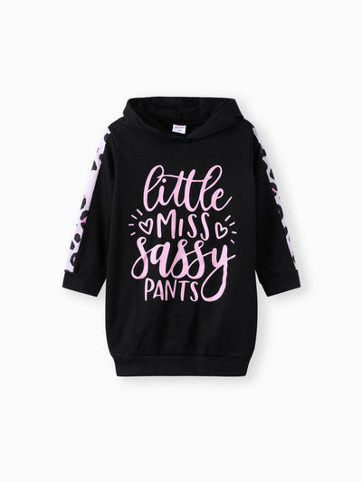 Robe sweat-shirt à capuche et manches longues pour petite fille, imprimé léopard, noir