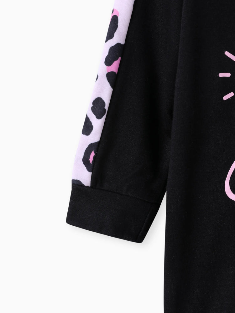 Kleinkind Mädchen Brief Leopardenmuster schwarz langärmliges Kapuzen-Sweatshirtkleid schwarz