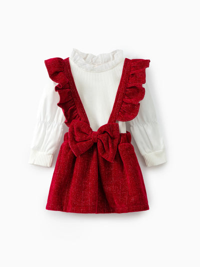 Ensemble 2 pièces pour bébé fille, robe à manches longues et volants, couleur unie, rouge