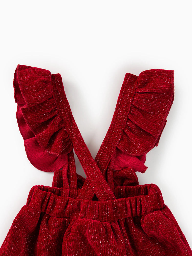 Ensemble 2 pièces pour bébé fille, robe à manches longues et volants, couleur unie, rouge