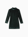 Robe en velours à manches bouffantes et col montant pour fille, couleur unie, vert foncé