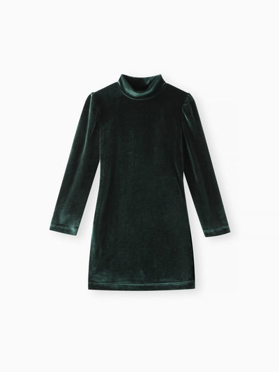 Robe en velours à manches bouffantes et col montant pour fille, couleur unie, vert foncé