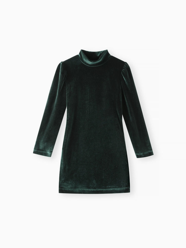 Robe en velours à manches bouffantes et col montant pour fille, couleur unie, vert foncé