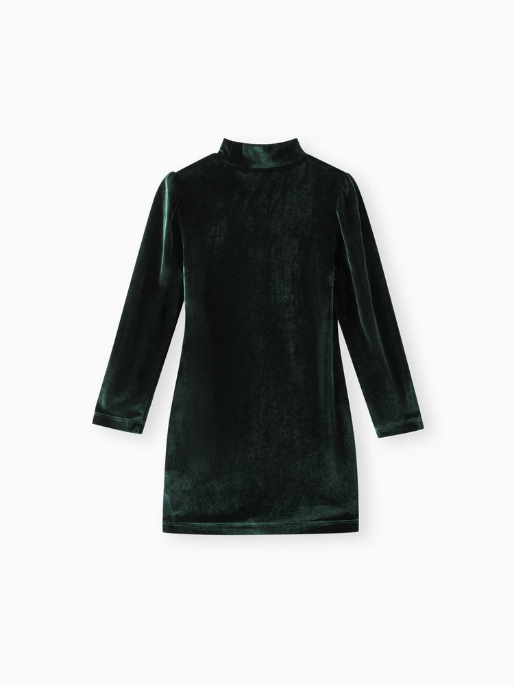 Robe en velours à manches bouffantes et col montant pour fille, couleur unie, vert foncé