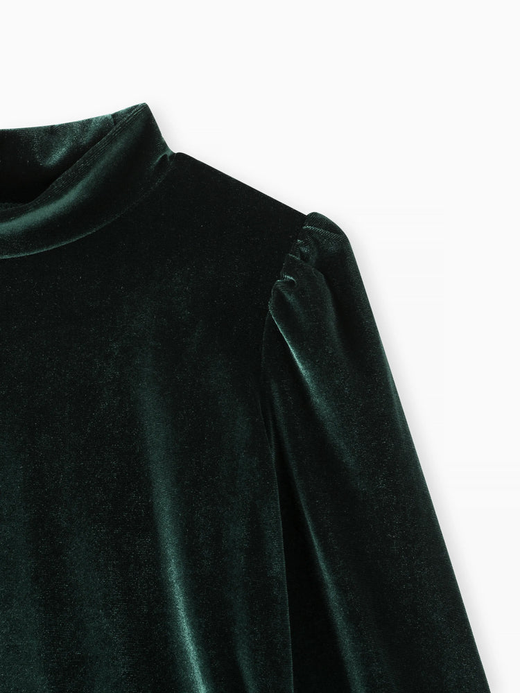 Robe en velours à manches bouffantes et col montant pour fille, couleur unie, vert foncé