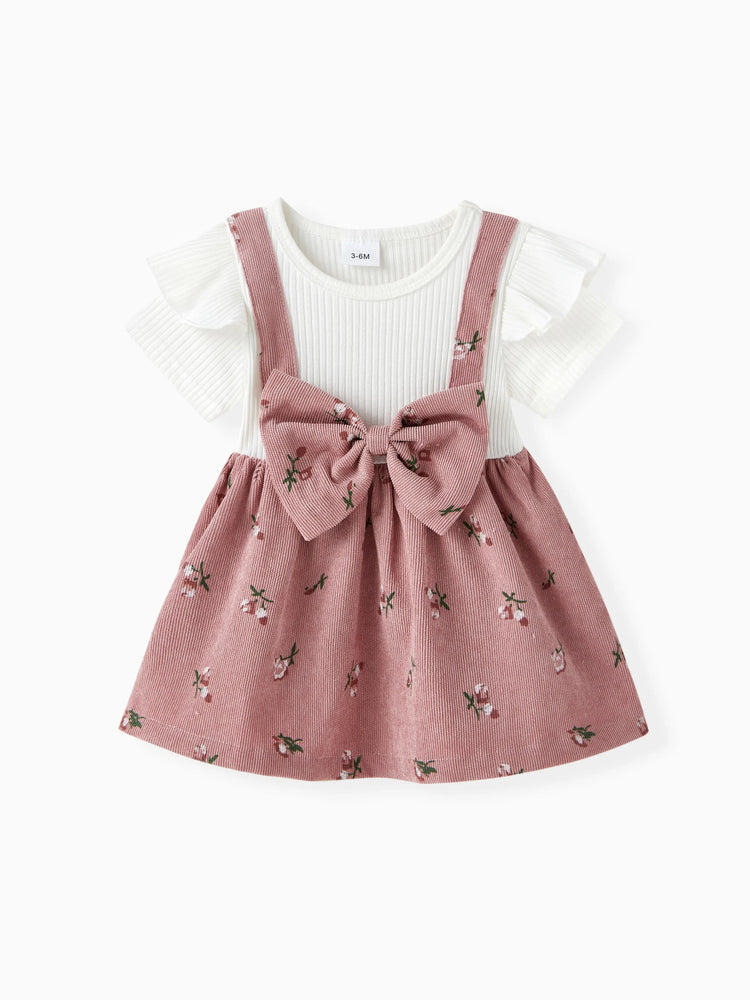 Vestido dulce para niña con mangas con vuelo y estampado de flores rotas en rosa