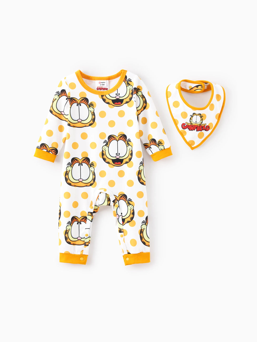 Garfield Baby Boy/Girl 2pcs Polka Dot Long-sleeve Jumpsuit with Drool Bibs Set Yellow