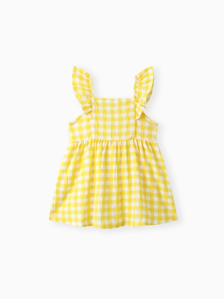 1pc Baby Girl Plaid&Lemon&Fruit Sweet Dress Pale Yellow