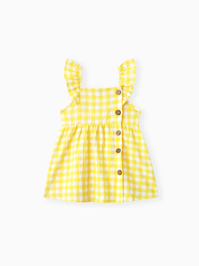 1pc Baby Girl Plaid&Lemon&Fruit Sweet Dress Pale Yellow