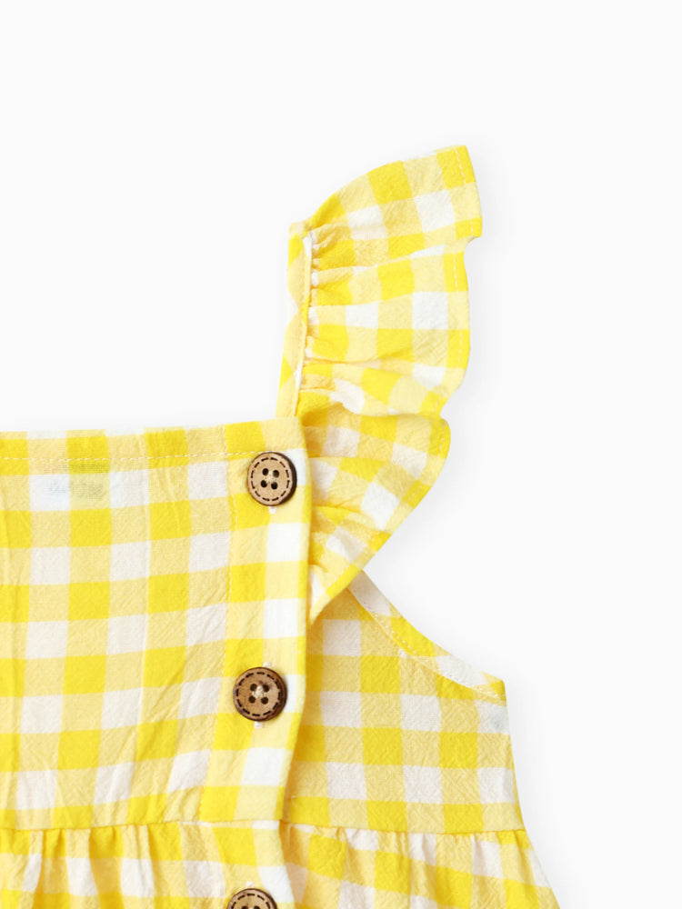 1pc Baby Girl Plaid&Lemon&Fruit Sweet Dress Pale Yellow