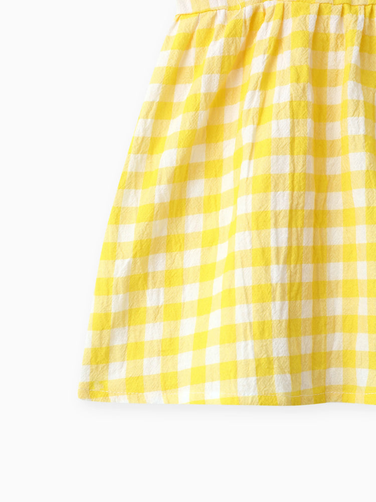 1pc Baby Girl Plaid&Lemon&Fruit Sweet Dress Pale Yellow