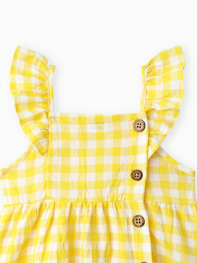 1pc Baby Girl Plaid&Lemon&Fruit Sweet Dress Pale Yellow
