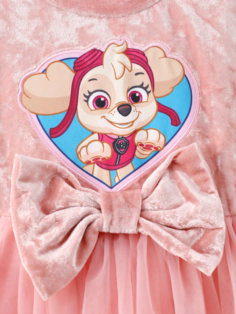 PAW Patrol Toddler Girl Skye Bowknot Velour Tulle Long-sleeve Dress Pink