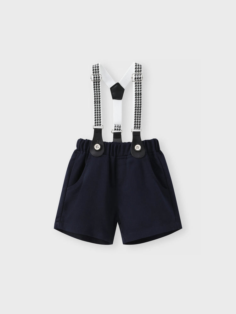 Conjunto de camisa con pajarita y pantalones cortos con tirantes para fiesta de bebé niño, azul oscuro