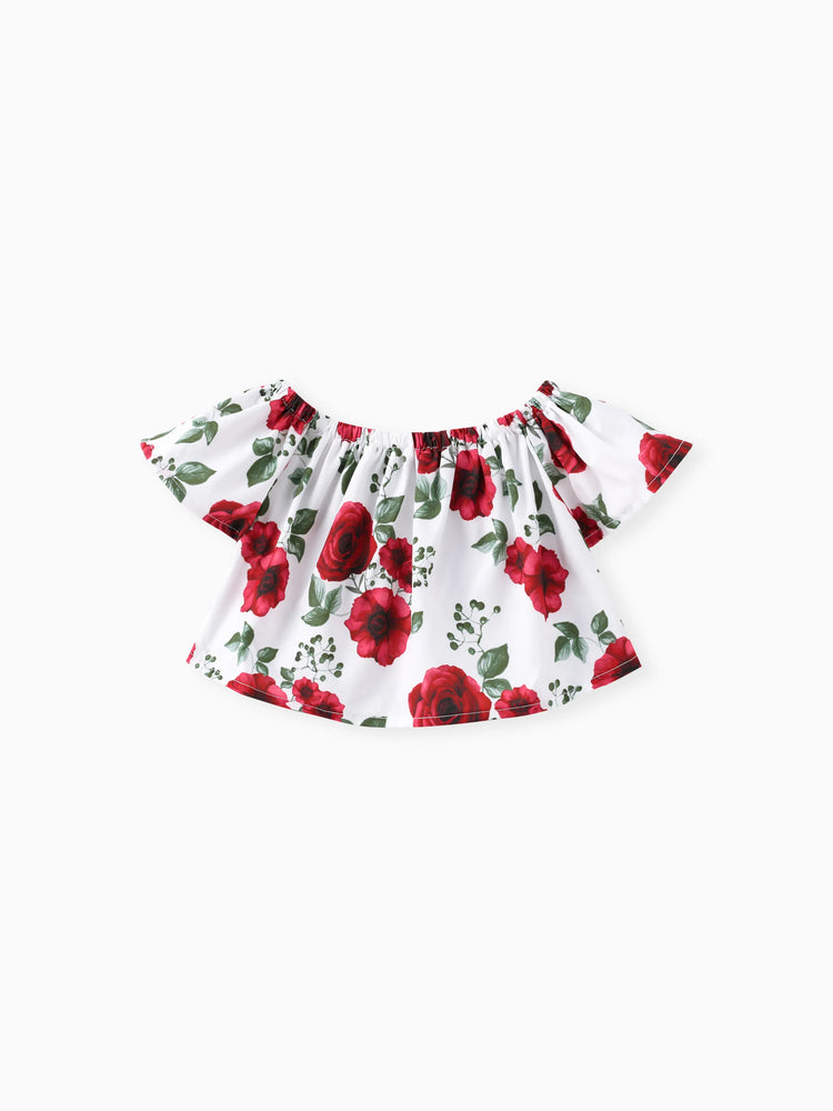 Baby Girl 3pcs Sweet Off-Shoulder Tee and Denim Jeans and Heandband Set Red