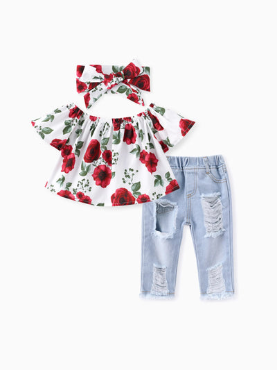 Ensemble 3 pièces pour bébé fille : t-shirt à épaules dénudées, jean et bandeau en denim rouge