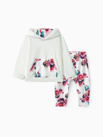 Ensemble 3 pièces pour bébé fille, 95 % coton, sweat à capuche à manches longues, pantalon à imprimé floral et bandeau, blanc